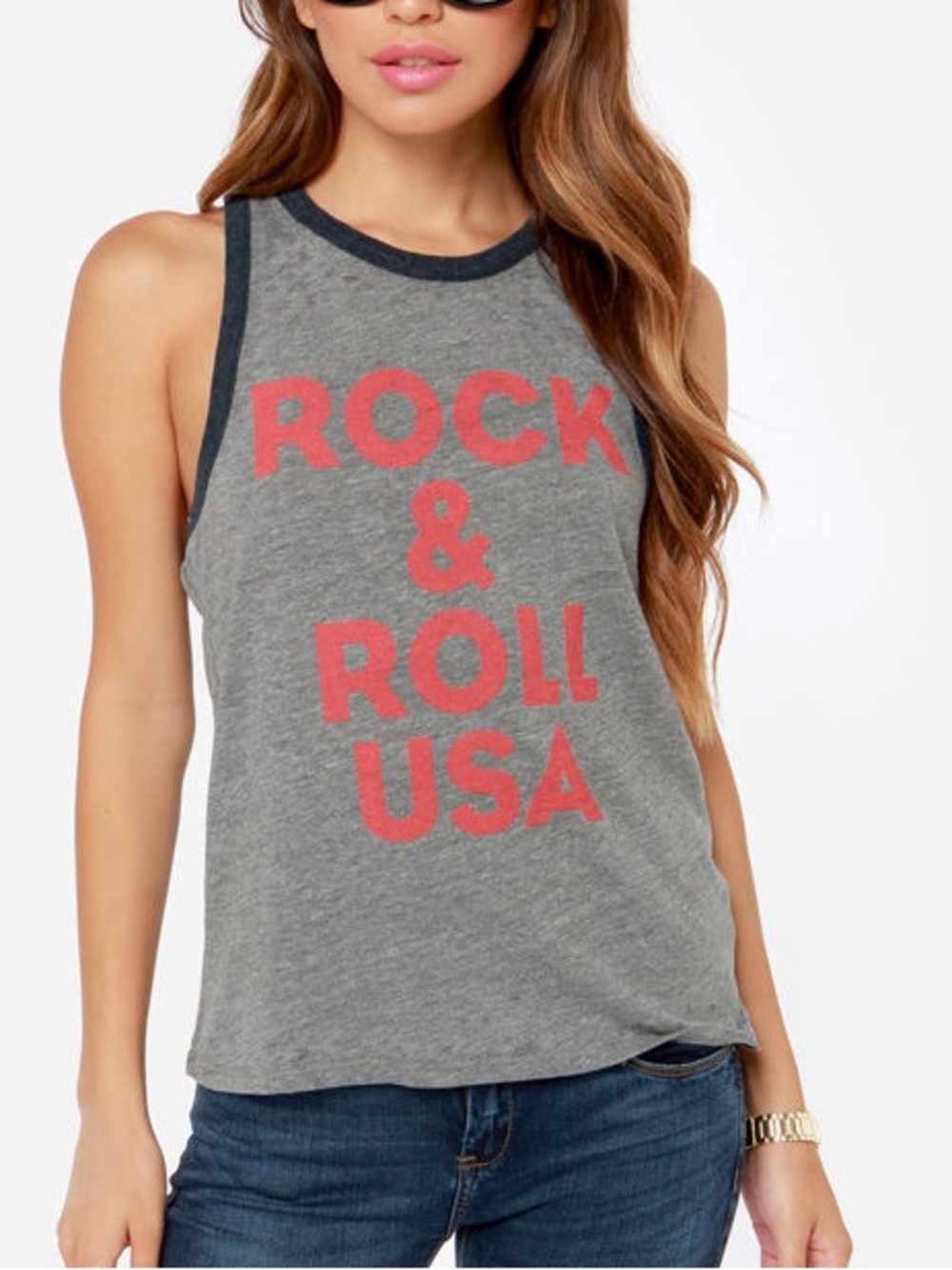 Chaser Gray Racerback ROCK & ROLL USA Red Blue Graphic Tank Top Shirt Size XS